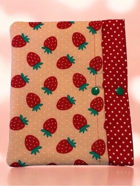 Strawberry Print Book Sleeve - Red & Pink 7x9” with snap pocket- Handmade
